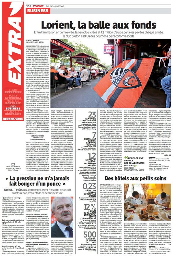 ThierryHubac's tweet photo. Le @FCLorientOff, poumon de l'économie locale. A lire (ou à relire) dans @lequipe. http://t.co/aY1kvWHFe3
