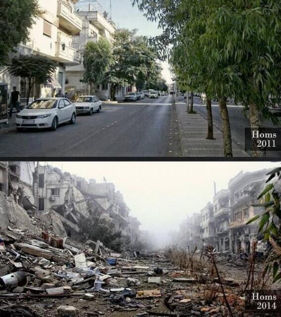 _Paisajes_'s tweet photo. La misma calle de Homs, Siria, en 2011 y ahora. http://t.co/hvWxIxreJq