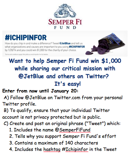 SemperFiFund's tweet photo. You can help @SemperFiFund win $1,000 to #SOT: http://t.co/Nz8shz9KlQ #Ichipinfor Veterans via @JetBlue! http://t.co/kWrqQdhoK7