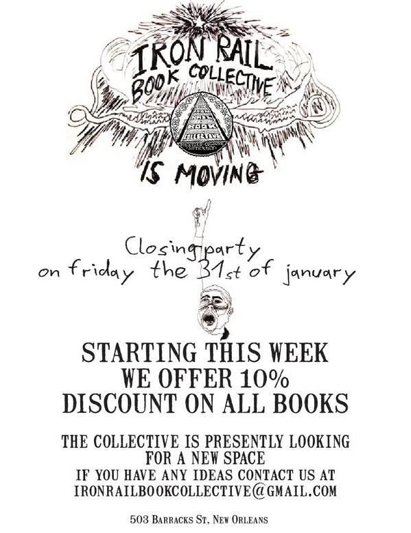 IRON_RAIL's tweet photo. Moving Sale! We're out on 1/31. Stop by the Iron Rail and take 10% off of every purchase (except records and tapes). http://t.co/ANbQwsYzVy