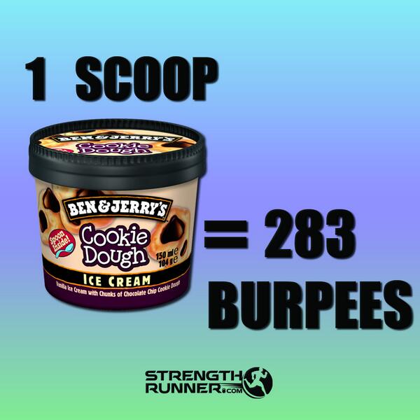 StrengthRunner's tweet photo. 1 scoop of Ben &amp; Jerrys choc chip cookie dough = 283 burpees! Worth it? #run #crossfit #health #fitness #strength http://t.co/FuEIvTMJ62