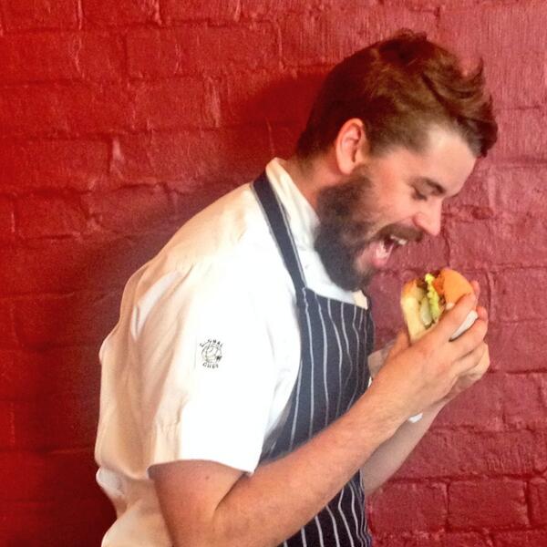 Ben taste testing a #howzatburger for our pop up at 510 Adelaide St next week