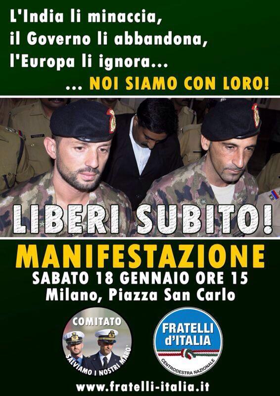 Domani pomeriggio, #FratellidItalia sarà in #piazza a #Milano per i nostri #marò. #liberisubito #senzapaura