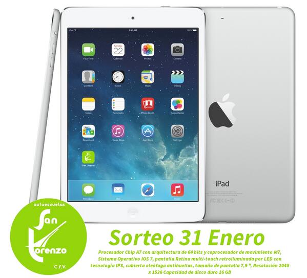 auto_Sanlorenzo's tweet photo. Sorteamos un IPad mini 2 entre todos los que nos sigan y rt! Mucha suerte! Y recuerda, tu carnet en @auto_Sanlorenzo! http://t.co/yNCP97vH8r