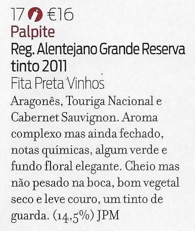 #PALPITE #TINTO 2011 - 17 PONTOS - REVISTA DE VINHOS - JANEIRO 2014 #red #wine #portugal fitapreta.com