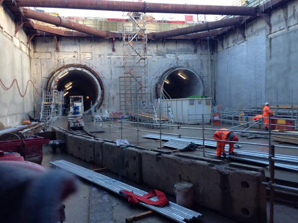 mtpennycook's tweet photo. Incredible to see the progress being made in the #Woolwich Crossrail box with three of the four tunnels complete http://t.co/QZcVRNYvPQ