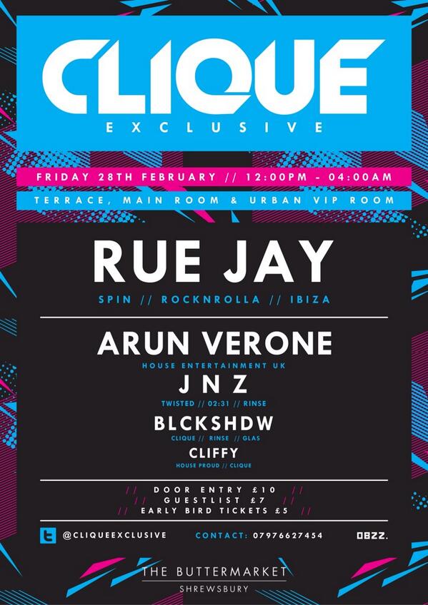 CliqueExclusive's tweet photo. Next Clique event @TheButtermarket we welcome @RueRocknrolla @ArunVerone @DannyJones13 @blckshdw_uk @Its_Cliffy http://t.co/JSd6scMGc6