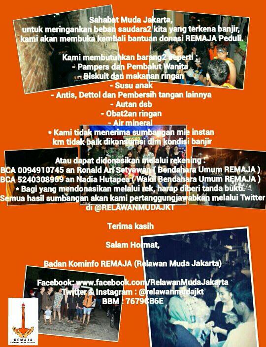 Mari bersama kita eingankan beban para korban banjir. Salurkan bantuan anda melalui <a href="/RELAWANMUDAJKT/">Relawan Muda Jakarta</a>