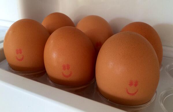 ByronScott's tweet photo. How could you ever have a bad day when these guys greet you every time you open the fridge? #happyeggs http://t.co/8XHq0ChnCY