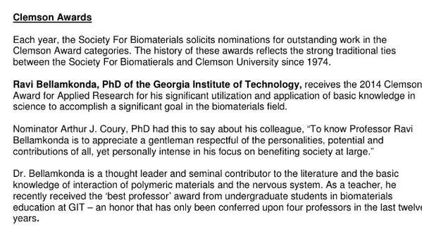 NPeppas's tweet photo. Congrats to Ravi Bellamkonda for the 2014 Applied Research Clemson Award http://t.co/KPnD63QEI1 http://t.co/eXpIrjT97g