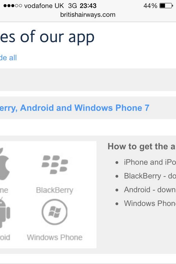 lloydholman's tweet image. A wonderful #responsivefail from BA on the area of their site about #mobile and apps.