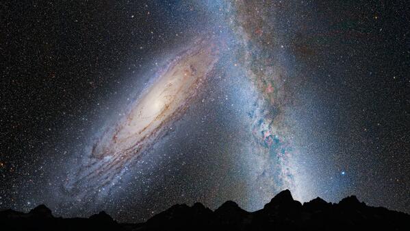 EpicCosmos's tweet photo. Earth's night sky in 3.75 billion years. Andromeda (left) embarks on a cosmic collision with the Milky Way. http://t.co/kS6XDzrXGY