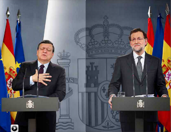 JotDownSpain's tweet photo. Barroso entona un bolero y Mariano a duras penas consigue contener la emoción (Reuters) http://t.co/LtEyK0MDmy