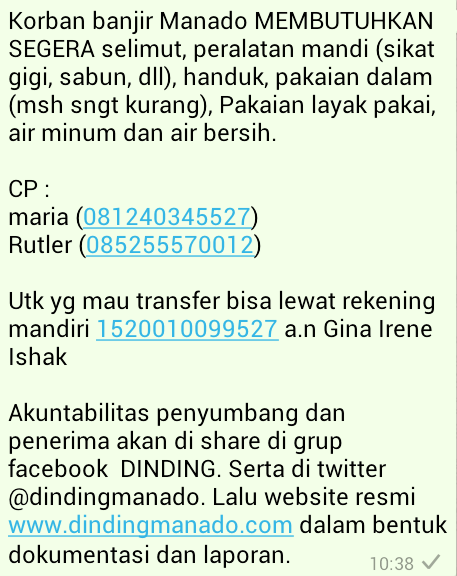 AstryLanggeng's tweet photo. Bantu yuk @AQUAindonesiaID "@ShafiqPontoh: #Manado DIBUTUHKAN SEGERA Pakaian layak pakai , air minum dan air bersih http://t.co/MtZaCgCxSV