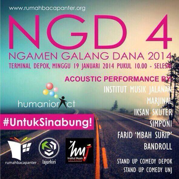 ngedeprok's tweet photo. #EventDepok 19 Jan'14, Yuk dtg! Ngamen Galang Dana IV #UntukSinabung @rumahbacapanter  – http://t.co/tX8C2blk5l http://t.co/3nfiM9Je8k