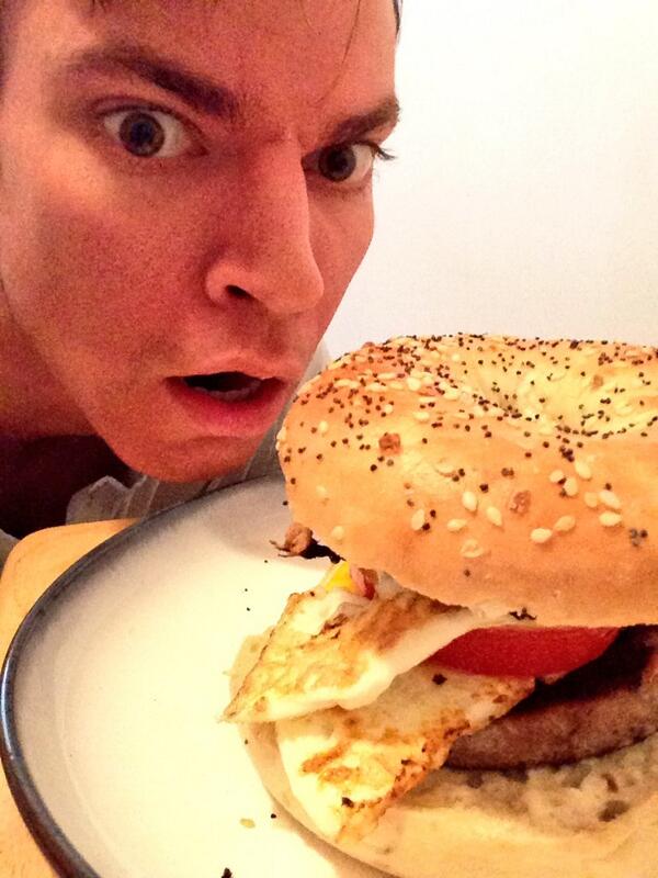 jeffriberdy's tweet photo. Breakfast/lunch sandwich! Everything bagel, two turkey burgers, two over-easy eggs, and a tomato! #iheartbreakfast http://t.co/48Vraus5hg