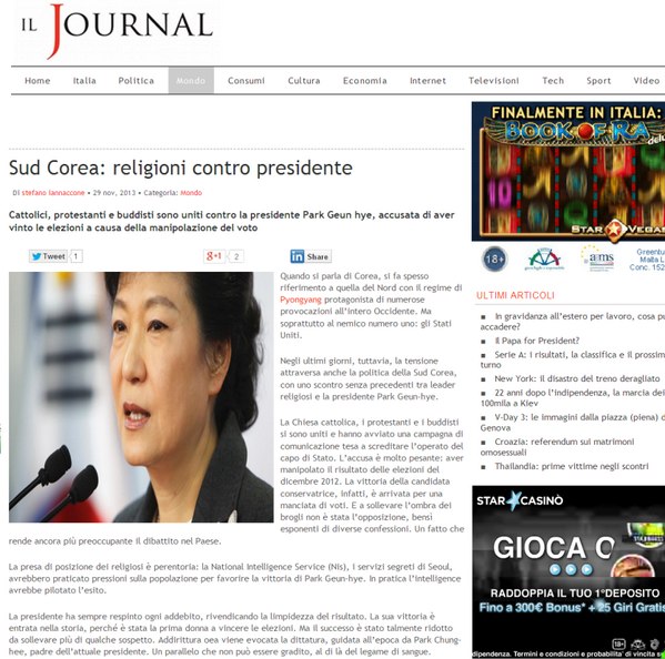 soriduck's tweet image. 이탈리아 유력 언론 &amp;lt;IL Journal&amp;gt;이
박근혜 부정선거에 대해 대서특필 했다네요.

"경악할 불법 관권 부정선거"

그런데도 창피한 줄도 모르고
열심히 해외여행 다니는 닭여사...

에구.. 나라망신...