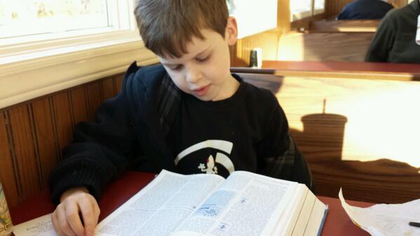 Breakfast and #Bible time with my boy Micah. #Godwasthere #Romans6 #AliveinChrist.