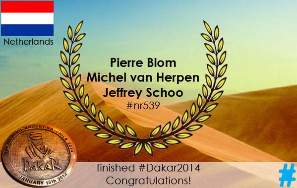 Pierre Blom finished his #dakar2014 congrats and enjoy the night1 #dakarss13