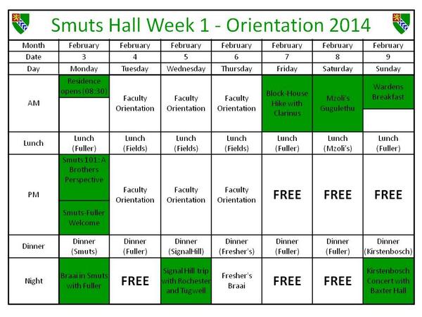 SmutsOWeek's tweet photo. The Smuts Orientation-Week lineup: (Week 1) http://t.co/QtGZDJSdWL