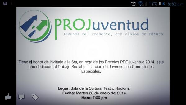 vallejoromulo's tweet photo. Premios PROJuventud 2014.. Martes 28 de enero en el Teatro Nacional. @projuventudrd @asrj23 @arnaldoabreu @arismendyl http://t.co/t1CQB8x72a