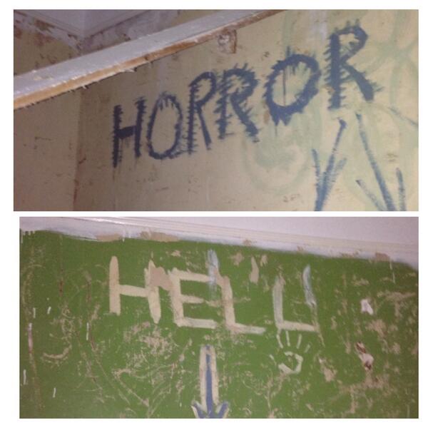 RachelGalligan2's tweet photo. Stripped the wallpaper in the basement to find this 😨 #hauntedhouse http://t.co/N6vgAcNvoR