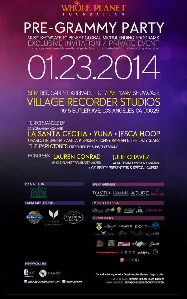 PlanetLA_Music's tweet image. Huge thanks @BeGreenPkg @Irwin_Naturals @IZZE @NadaMoo @prAna @MammaChia for supporting @WholePlanet #WPFGrammy party