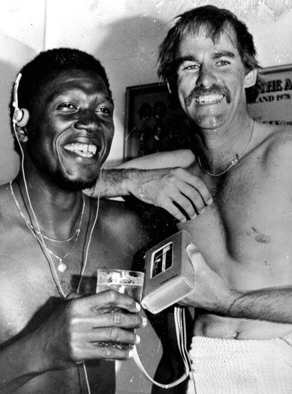 Jesse_Hogan's tweet photo. #hookes: Celebrating with Joel "Big Bird" Garner as SA beat NSW in 1982. Pot-glass good; early-model Walkman GREAT. http://t.co/lSzchltXrU