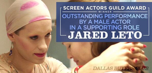 Congratulations to <a href="/JaredLeto/">JARED LETO</a> for winning MALE ACTOR IN A SUPPORTING ROLE for #DallasBuyersClub! #SAGAwards
