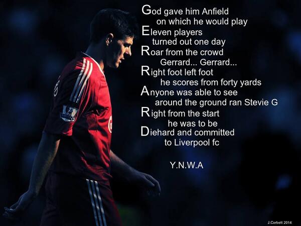 LFCPicture's tweet photo. G E R R A R D #LFC http://t.co/rRQEdZWmw2
