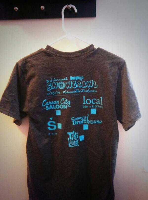 BurghLife's tweet photo. Back of our SWEET new #SnowCrawl T reps our participating bars including @sbarpgh @ItsFreeBurgh http://t.co/GucOjjQDKv