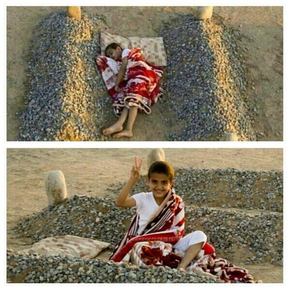 Görünen herşey gerçek değildir. O fotonun aslı.Yatan çocuk fotoğrafçının kardeşiymiş..ve S.Arabistan da çekilmiş ”