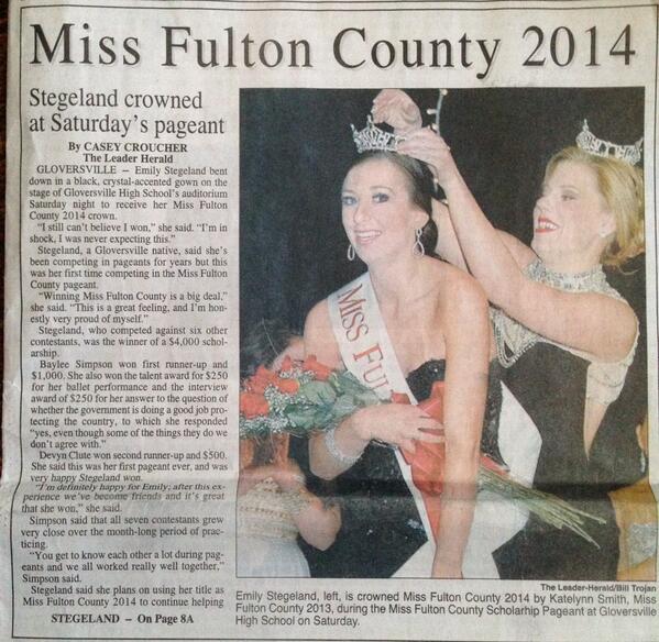MissNewYorkMAO's tweet photo. Congrats to Emily Stegeland #MissFultonCounty2014 Front Page of the #LeaderHerald #Gloversville http://t.co/8L5aKNfiSW