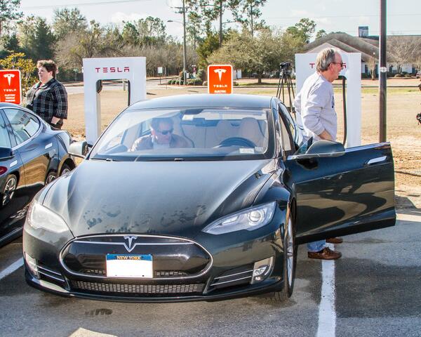 Tesla's tweet photo. During our Santee, SC #Supercharger opening, a driver on his way from New York pulled in. Road trips are that easy! http://t.co/xZzgXDgZ8J