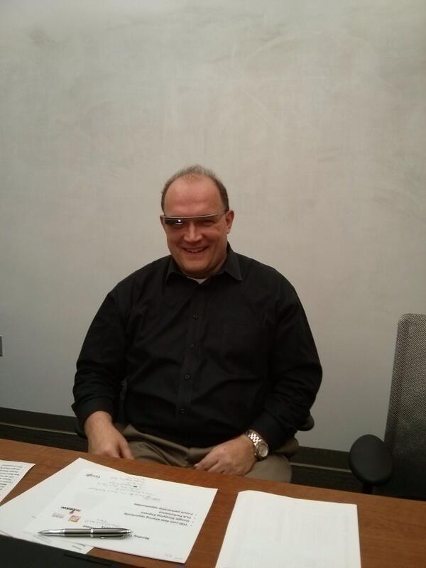 DaveAbbott11's tweet photo. Testing new version of Google Glass.  Have also volunteered to have chip implanted in head... http://t.co/TVlKuc4fjk