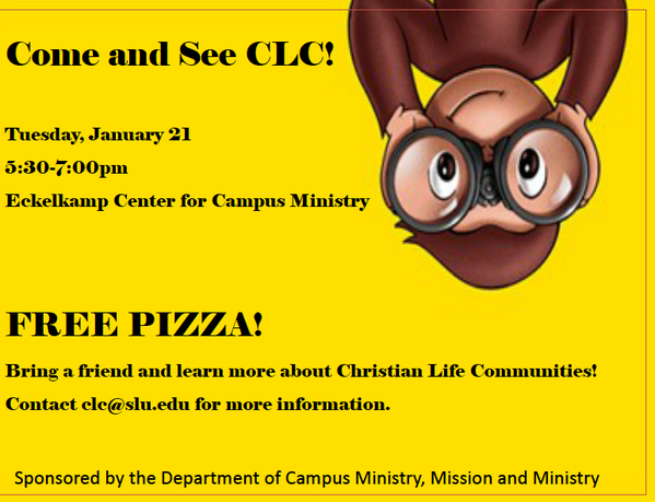 CLC pizza party this Tuesday night at 5:30!! Come for a FREE dinner and meet other CLCers!