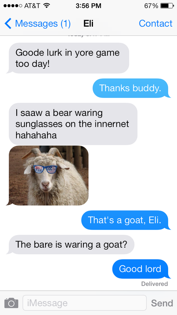 Jcrockett97's tweet photo. "@robfee: Exclusive look at Eli Manning’s inspirational texts to Peyton before today’s game. http://t.co/MUjKjO856q" @DLoughery_