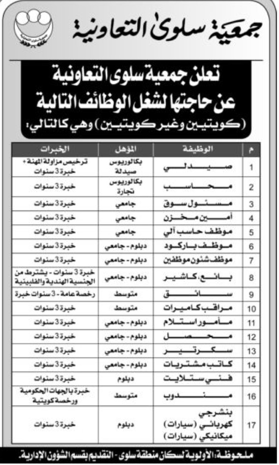 Jobs وظائف In Kuwait On Twitter تعلن جمعية سلوى التعاونية حاجتها لموظفين كويتيين وغير كويتيين لعدة وظائف مختلفة حملة شهادة جامعة دبلوم متوسط Http T Co Civmcotwya
