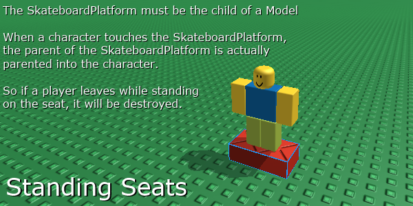 Roblox Dev Tips On Twitter Standing Seat Hack Create A Model And Put An Anchored Skateboardplatform Inside It Voila Http T Co Drbknicml0 - roblox hack of 2014