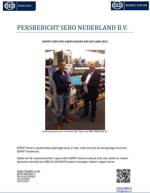 SeboNederlandBV's tweet photo. EXPERT HAREN DEALER VAN HET JAAR!, gevolgd door EXPERT HARDERWIJK. En dealer van de maand december is EXPERT http://t.co/Y43lcUm5U0