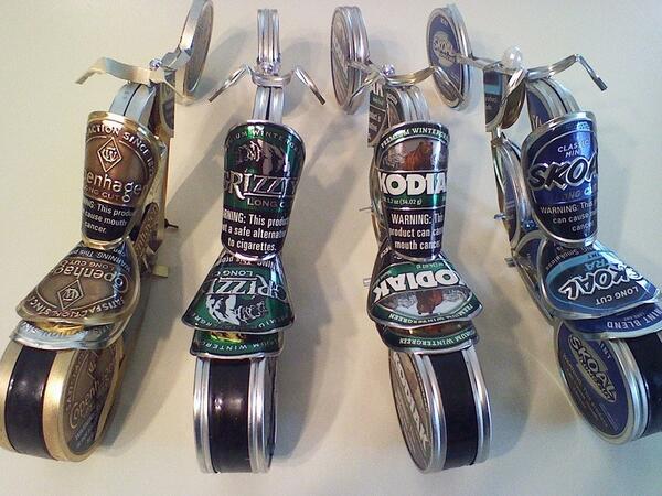 tobacco dip can crafts One of the coolest things i've ever seen! Motorcycles made outta dip cans.  I think I have a new hobby. Dip art!