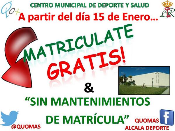 Quomas's tweet photo. ¡Apúntate al Centro Municipal de Deporte y Salud!
¡Matrícula Gratis y sin mantenimientos de matrícula!
#CMDS http://t.co/qr57quLJuN