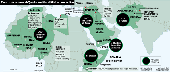 FT's tweet photo. Free to read: Al-Qaeda's terror affiliates are active in more countries than ever:  http://t.co/KTh7o7kCq1 http://t.co/QdyK1BK6fq
