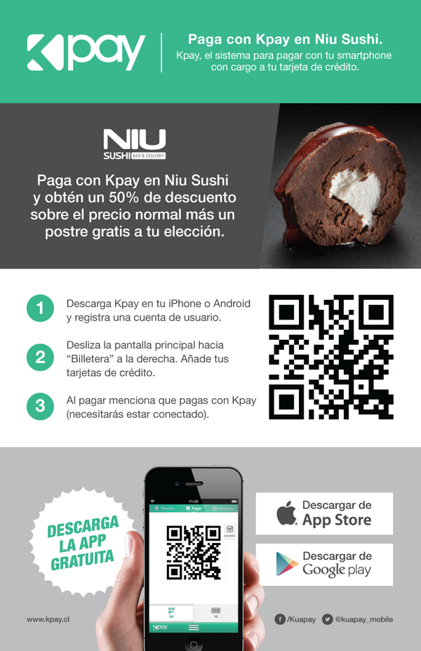 kuapay_mobile's tweet photo. Lunes y martes, pagando con #Kpay en @NIUsushi obtén un 50% de dcto sobre precio normal + un postre de regalo! http://t.co/6FfGRPSPfA