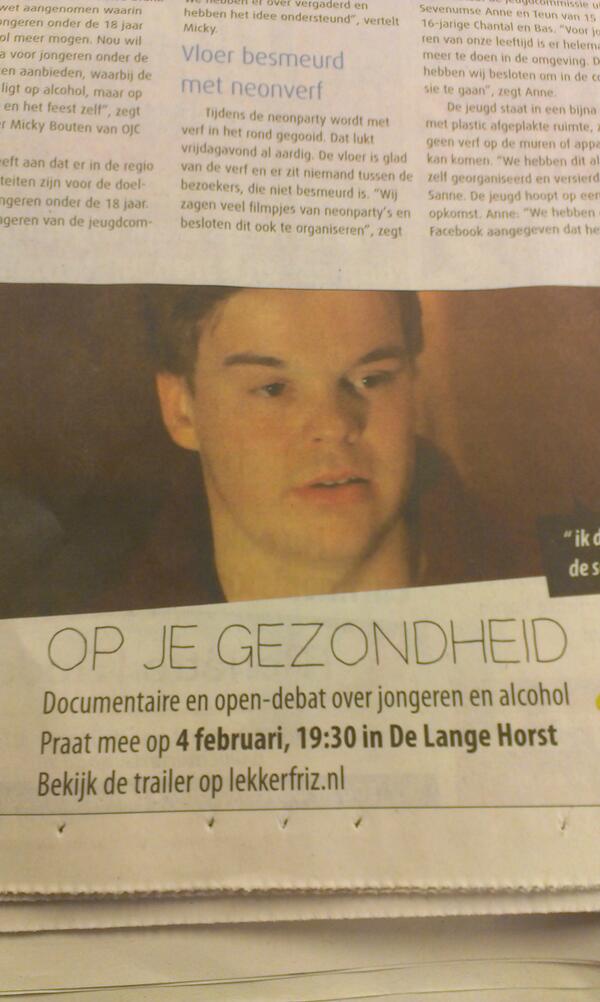 HeijdenAnton's tweet photo. 4 feb presentatie docu + open debat over jongeren en alcohol @ de Lange #Horst #Synthesewelzijn #jongerenwerk http://t.co/KGUK0b0pin