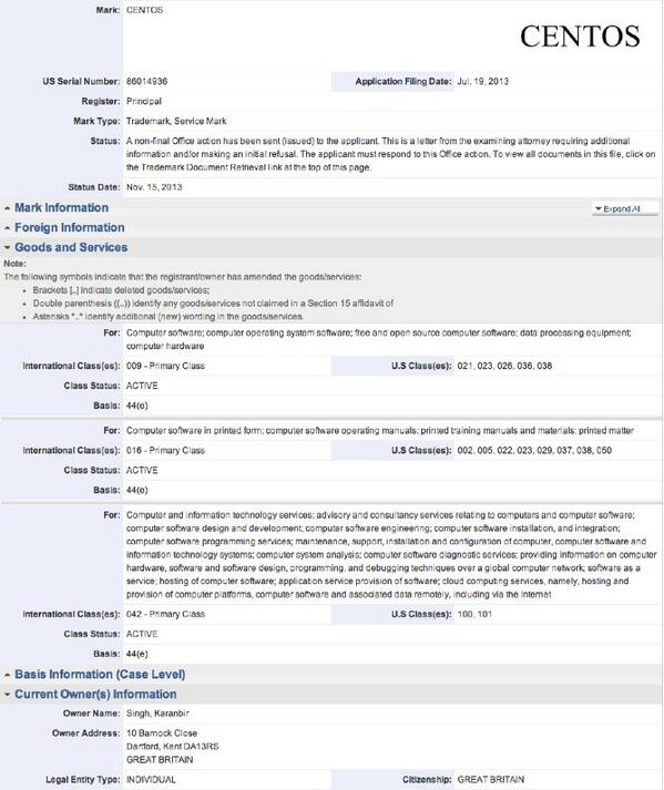 July 19, 2013 CentOS Trademark Application