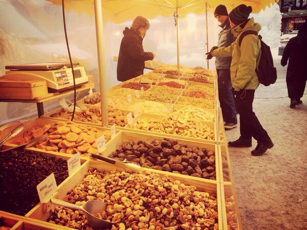 Another busy Monday at the Val D'Isere market, so much on offer... Crystal Rep Ricky is absolutely 'nuts' about it!