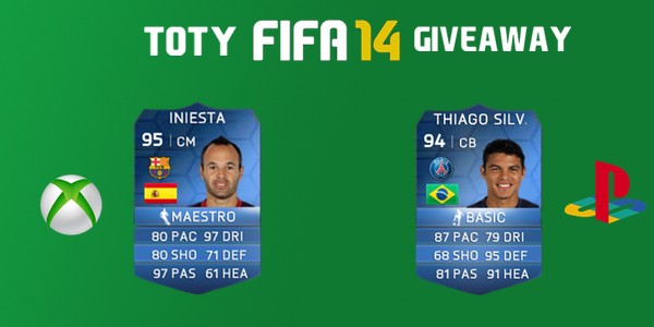 BFUTC's tweet photo. TOTY FIFA 14 GIVEAWAY! We are giving away INIESTA 95 and SILVA 94. Enter here: http://t.co/HatXvx3AWU #FUT14 #FIFA14 http://t.co/05WSSzg4UX