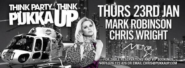 PukkaUpDubai's tweet photo. Very Excited for our OFFICIAL Launch party this Thursday @MOVIDADUBAI  with @DJChrisWright &amp; @markrobinson #Ibiza http://t.co/0XyNukrRaL
