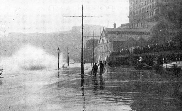 PostcardsofS's tweet image. Scarborough flooding on Foreshore Road from 100 years ago. Old Olympia before it was burnt down in 1970s
